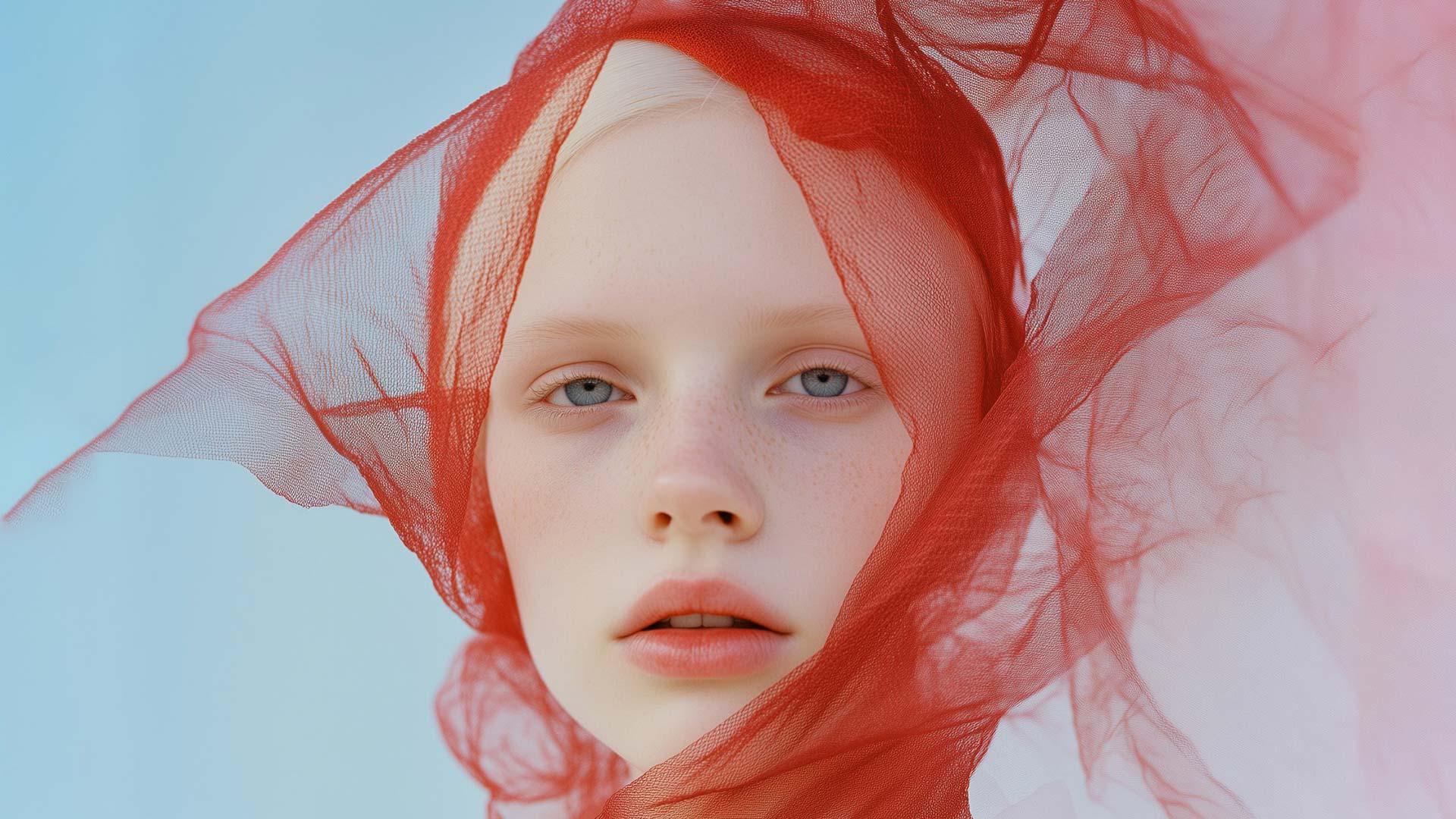 A young blonde girl in a red transparent scarf against a clear sky.