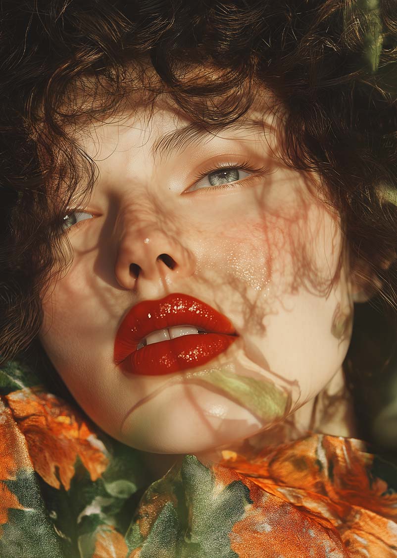 Woman with dark hair and bright red lipstick.